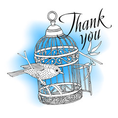 Obraz premium Image of bird and cage on blue background. Vector illustration.