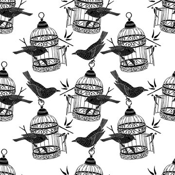 Seamless Pattern with the image of birdcage and birds. Vector black and white illustration.