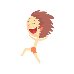 Happy smiling cartoon boy in red shorts running, kids outdoor activity colorful character vector Illustration