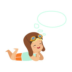 Adorable little boy in pilots helmet lying on his stomach and dreaming with a thought bubble, kids imagination and fantasy, colorful character vector Illustration
