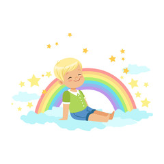 Obraz na płótnie Canvas Adorable little blonde boy sitting on a cloud next to the rainbow and dreaming, kids imagination and fantasy, colorful character vector Illustration