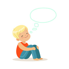 Happy blonde little boy dreaming with a thought bubble, kids imagination and fantasy, colorful character vector Illustration
