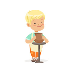 Cute little boy potter making ceramic pot, kids creativity, education and child development, colorful character vector Illustration