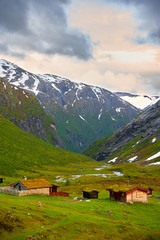 Fototapeta na wymiar Norwegian mountain houses in a valley under a blue sky.