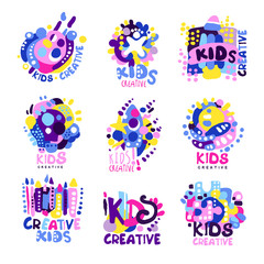 Kid creative set of colorful logo graphic templates hand drawn vector Illustrations