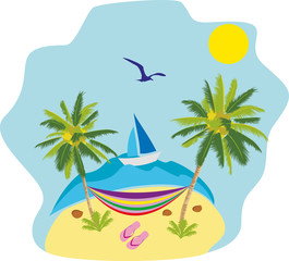 Fototapeta na wymiar Exotic tropical landscape, palm trees with hammock and flip flops on an island on background of sea, the ocean with a ship, a sailboat. Travel concept, relax. Cartoon vector illustration AI10