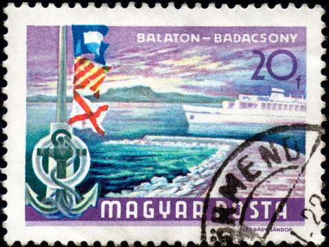 UKRAINE - CIRCA 2017: A postage stamp printed in Hungary shows Lake Balaton at Badacsony, circa 1968