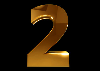 Golden number tow on a black isolated background. Number 2. Numbers