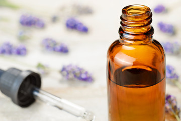 Lavender essential oil in the amber bottle