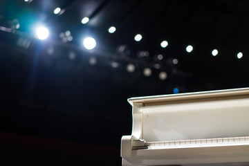 The grand white piano in a main hall concert.
