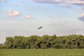 Hovering drone taking pictures of green hills. Quadcopter with camera flying on a clear sunny sky sunset.