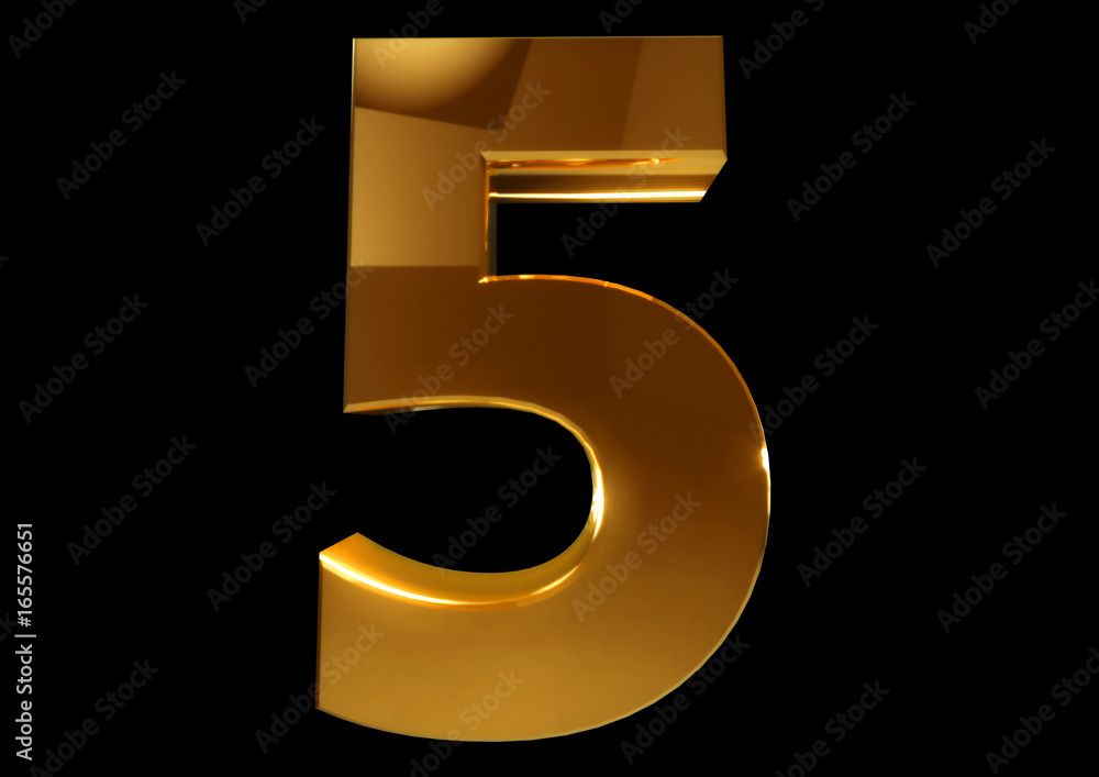 Fototapete golden number five on a black isolated background. number 5. numbers. 3d rendering