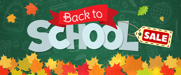 Blackboard with greeting, First day of school, Back to school sale horizontal banner. Vector