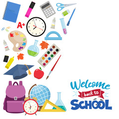 Set of different school supplies. First day of school, Back to school flat icons. Vector