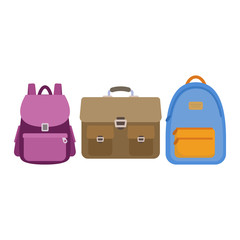 Set of flat school bags, backpacks. Vector