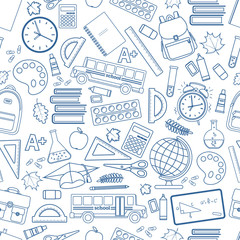 Seamless background of different school supplies. First day of school, Back to school line icons. Vector