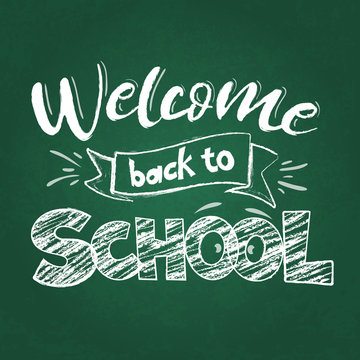 Back to school greeting on green blackboard, First day of school sale. Vector