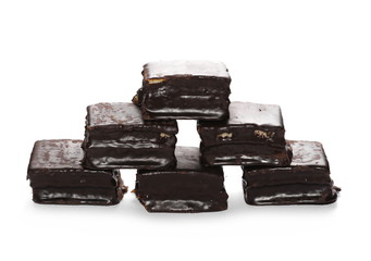 Chocolate cake bars isolated on white background