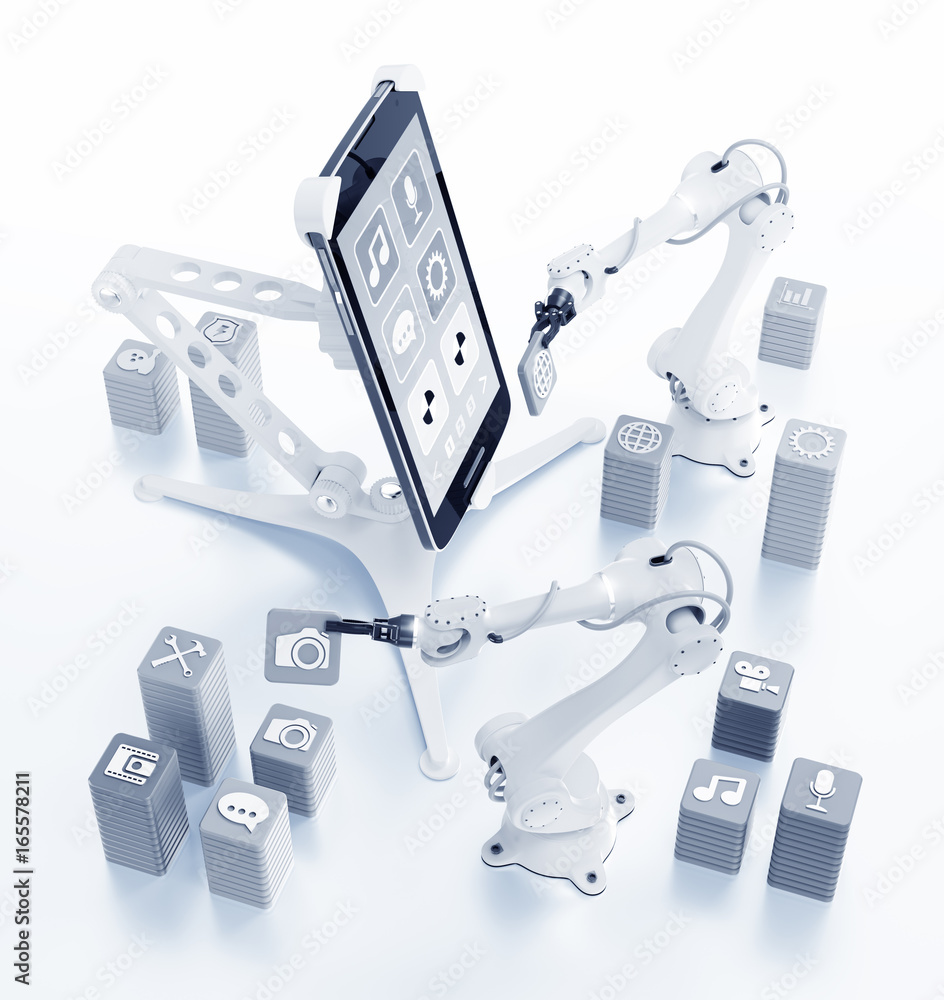 Aufkleber conveyor of assembling a softwares. metaphoric illustration / 3d rendering graphic composition on th