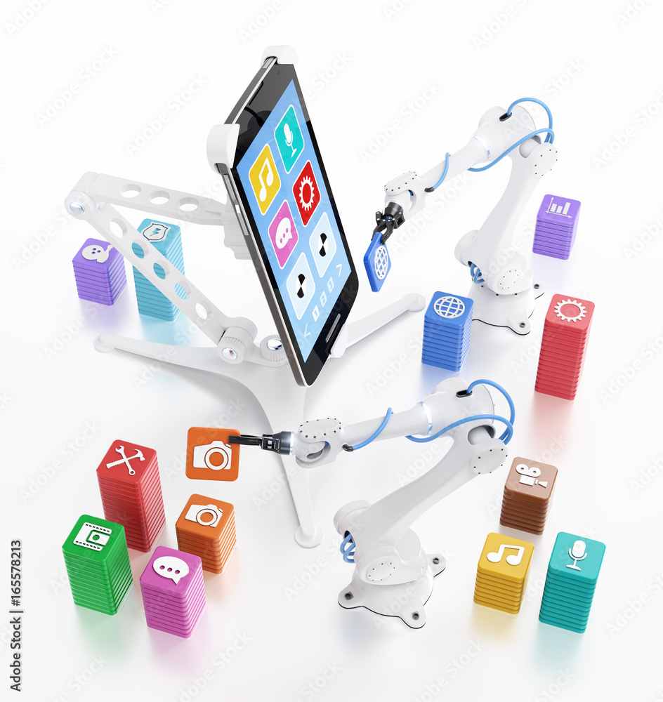 Aufkleber conveyor of assembling a softwares. metaphoric illustration / 3d rendering graphic composition on th