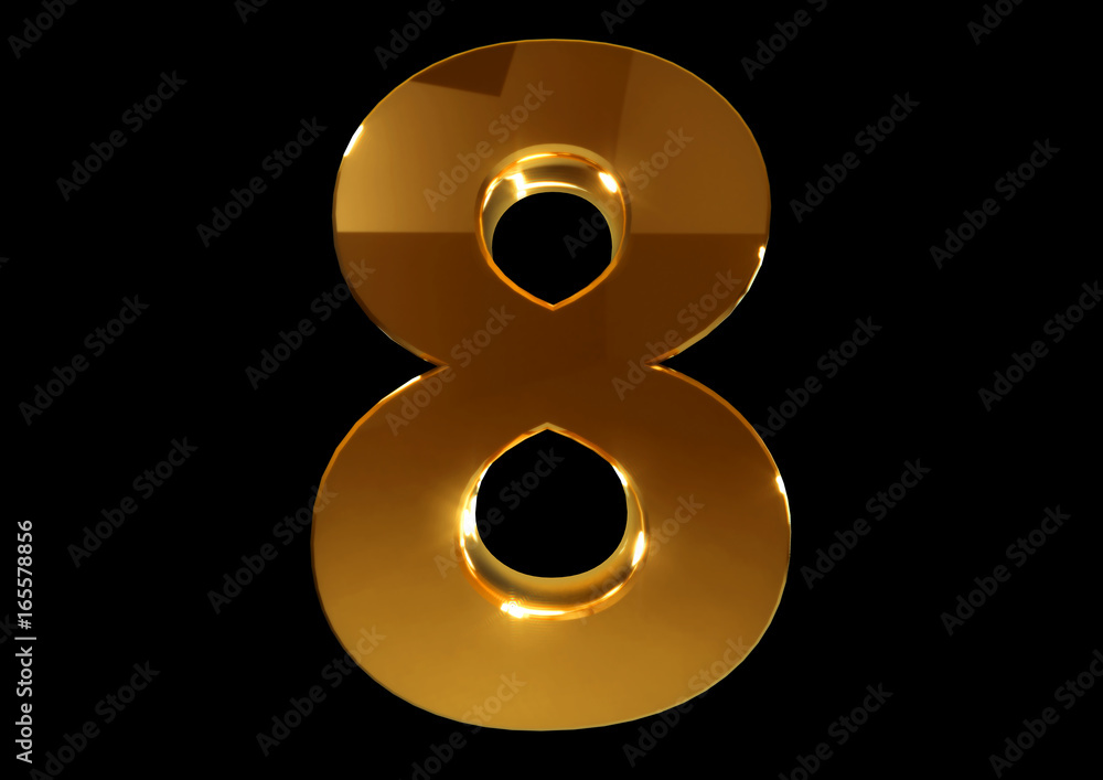 Poster golden number eight on a black isolated background. number 8. numbers. 3d rendering