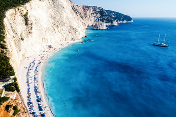 Aerial view of the famous beach of Porto Katsiki on the island of Lefkada in the Ionian Sea in Greece