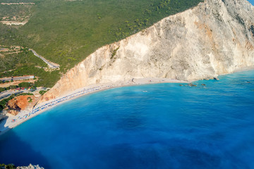 Fototapeta premium Aerial view of the famous beach of Porto Katsiki on the island of Lefkada in the Ionian Sea in Greece