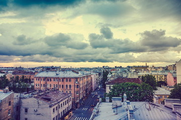 View from roof, Old town or downtown of St. Petersburg at sunset in cloudy day
