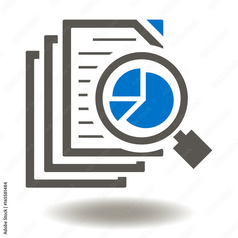 Poster files magnifying glass pie chart vector icon. data analytics illustration. assessment, auditing logo