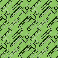 Seamless pattern with black line art icon of ruler, pin, pencil and pen on green background. Vector illustration. Background for dress, manufacturing, wallpapers, prints, gift wrap and scrapbook