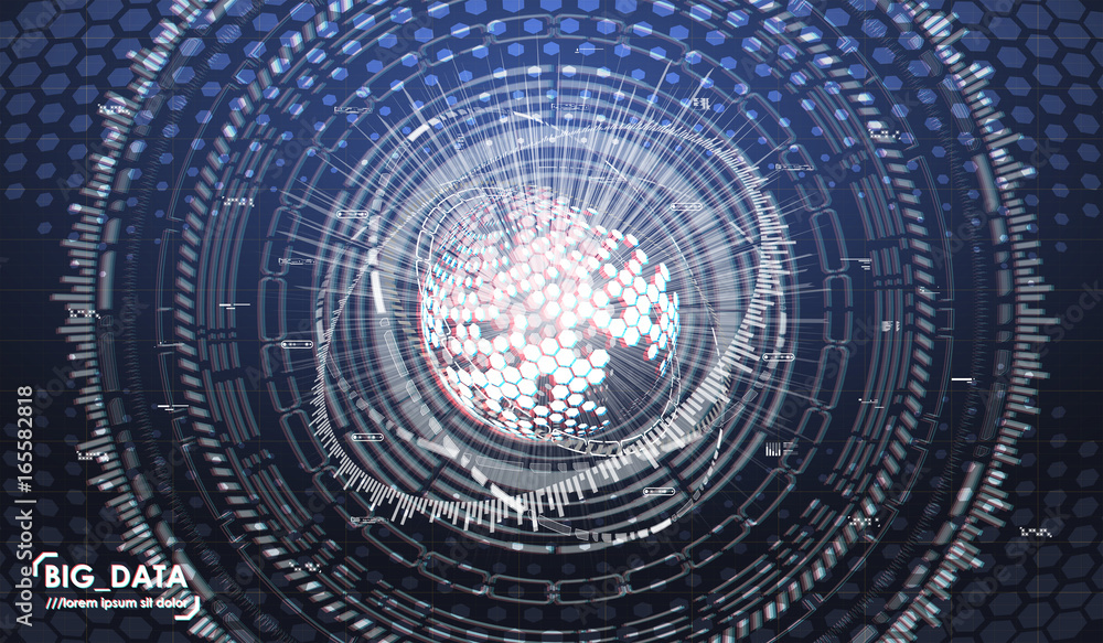 Poster big data abstract visualization. futuristic aesthetic design. big data background with hud elements.