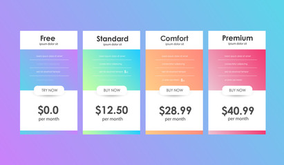Set of offer tariffs. ui ux vector banner for web app. set of pricing table, order, box, button, list with plan for website in flat design.