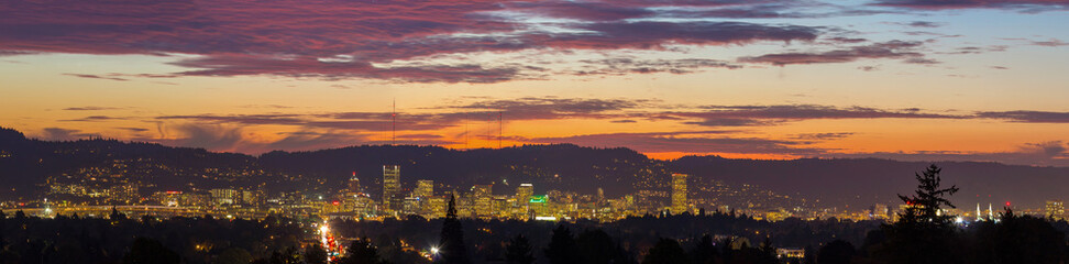 Portland Oregon City Skyline Sunset Panorama