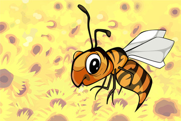 Cartoon bee flying over a field of flowers