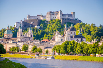 Fototapeta premium Beautiful view of Salzburg, Fortress Hohensalzburg and Salzach river in summer, Salzburg, Salzburger Land, Austria