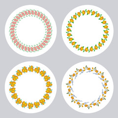 Set of round labels with roses. Vector clip art.