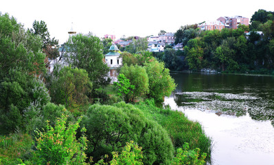Fototapeta na wymiar greens on a background of the city and the river
