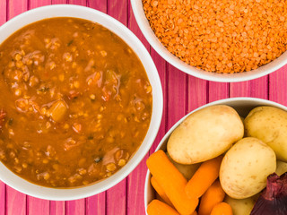 Bowl of Chunky Lentil and Bacon Soup