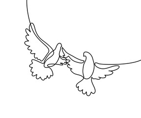 Fototapeta premium Continuous one line drawing. Flying two pigeons logo. Black and white vector illustration. Concept for logo, card, banner, poster, flyer