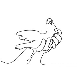 Continuous one line drawing. Pigeon in hands logo. Black and white vector illustration. Concept for logo, card, banner, poster, flyer