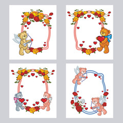 Set of cute labels with roses and teddy bear holding a big heart. Copy space. Vector clip art.