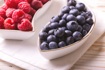 Raspberry and blueberry. Concept of healthy food. Top view