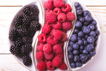 Raspberry, blackberry and blueberry. Healthy food. Top view