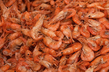 Fresh boiled pink small shrimps close up
