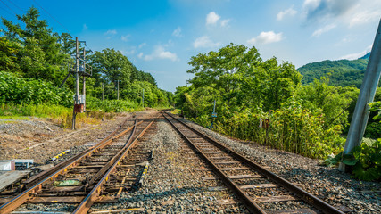 Fototapeta na wymiar Railroad Tracks And Natural View In Hokkaido, Japan