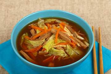 Asian noodle ramen soup with beef and vegetables