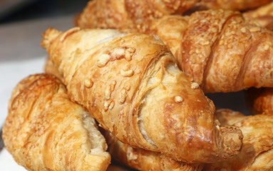 Freshly baked golden croissants close up