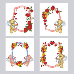 Set of cute labels with roses and teddy bear holding a big heart. Copy space. Vector clip art.