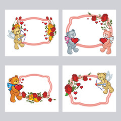 Set of cute labels with roses and teddy bear holding a big heart. Copy space. Vector clip art.