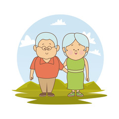 white background with color silhouette landscape with elderly couple embraced